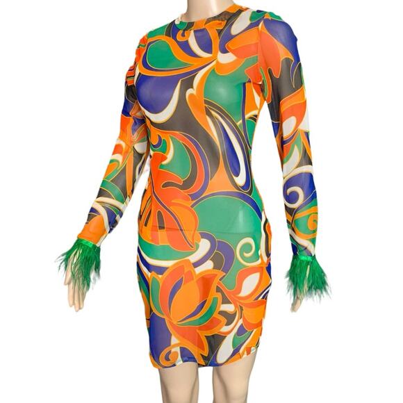 Cherie LA Women's Size Medium Mini Dress Sheer 70’s Hippie Psychedelic Body Con - Picture 1 of 12